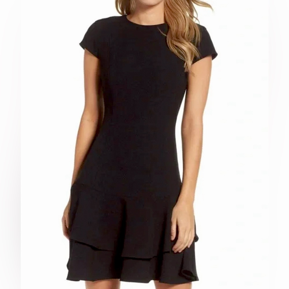 Eliza J Cap Sleeve Tiered Drop Waist A-Line Dress in Black